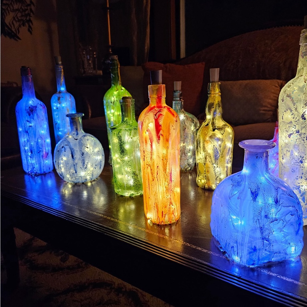 Up cycled Painted Lighted Bottles